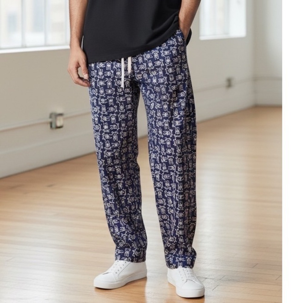 Psycho Bunny Mens Pajama Pants XL Navy Blue Pink Logo Print Cotton Lounge Sleep